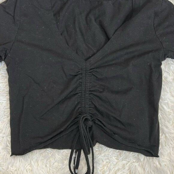 Black Ruched V-Neck Crop Top | Cropped Top | Black Crop Top | Ruffle Sleeve - Picture 2 of 5